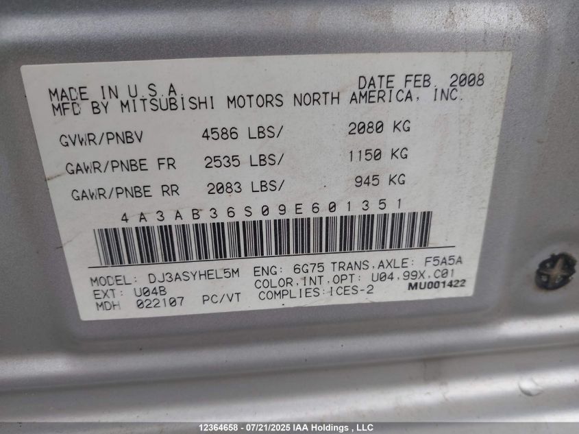 2009 Mitsubishi Galant Es VIN: 4A3AB36S09E601351 Lot: 12364658