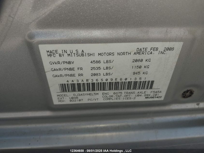 2009 Mitsubishi Galant Es VIN: 4A3AB36S09E601351 Lot: 12364658