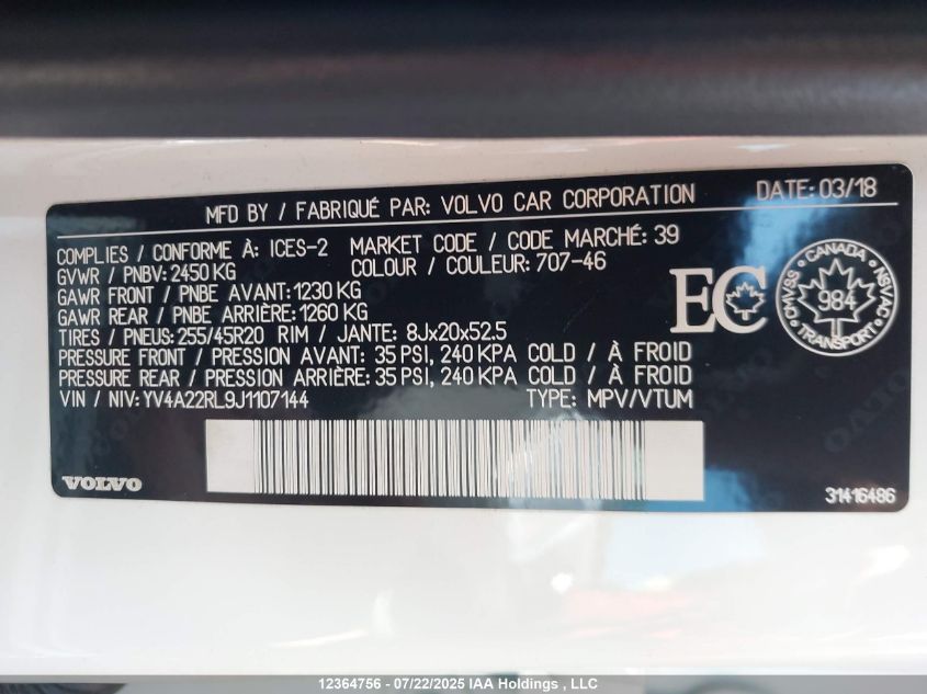 2018 Volvo Xc60 T6/Inscription VIN: YV4A22RL9J1107144 Lot: 12364756