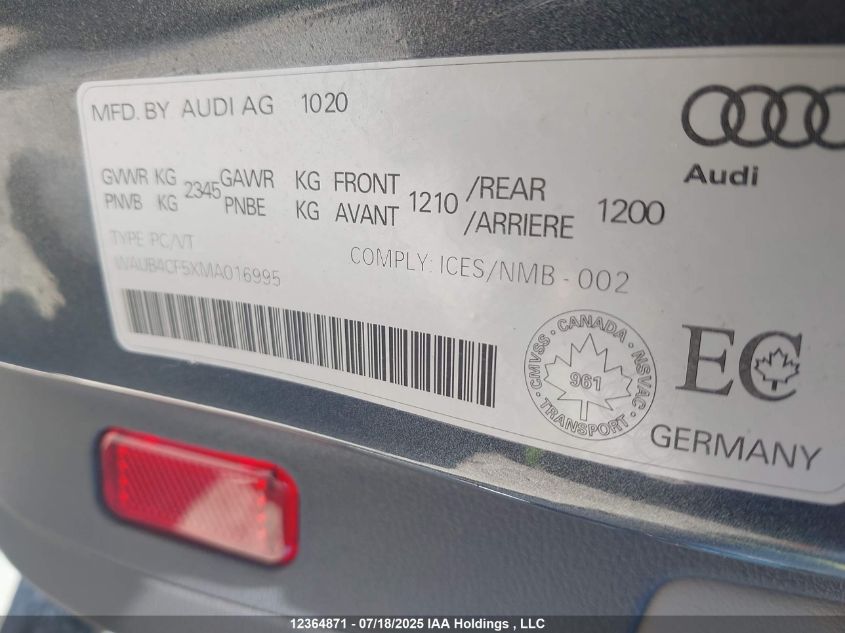 2021 Audi S5 Prestige VIN: WAUB4CF5XMA016995 Lot: 12364871