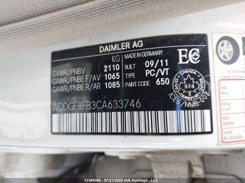 2012 Mercedes-Benz C 250 4Matic VIN: WDDGF8FB3CA633746 Lot: 12365086