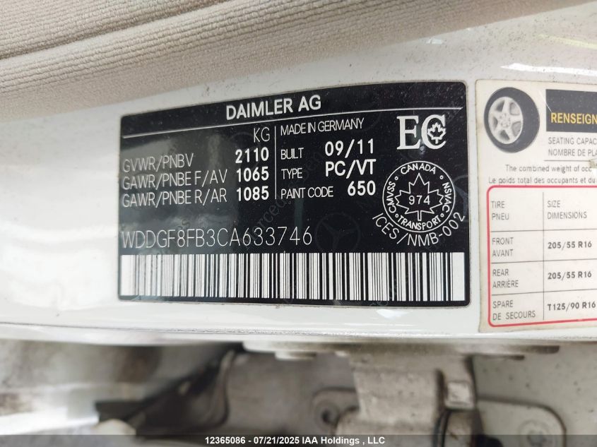 2012 Mercedes-Benz C 250 4Matic VIN: WDDGF8FB3CA633746 Lot: 12365086