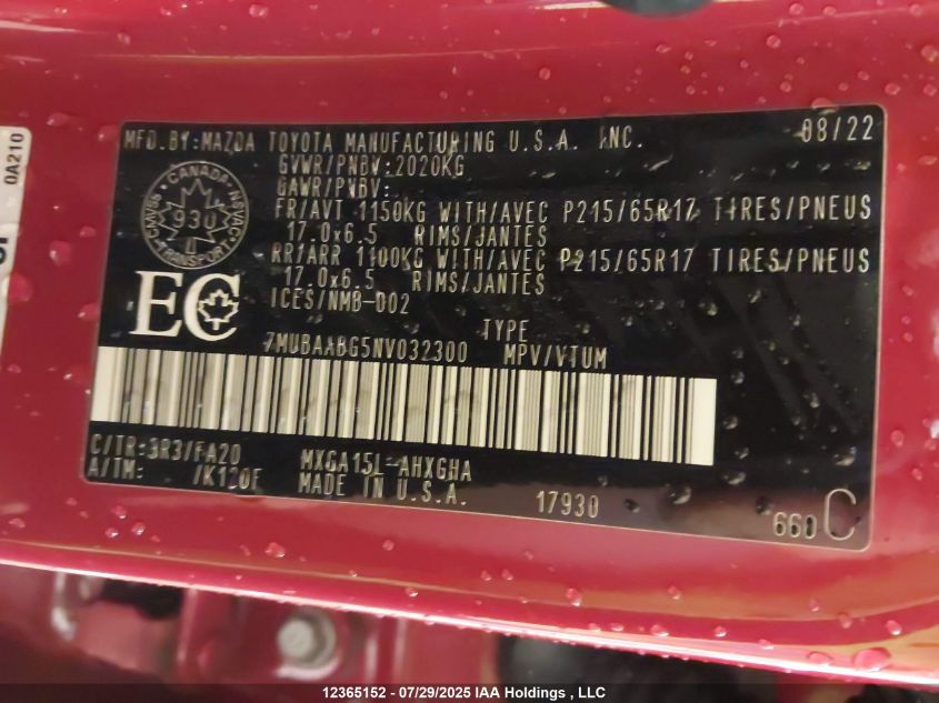 2022 Toyota Corolla Cross Le VIN: 7MUBAABG5NV032300 Lot: 12365152