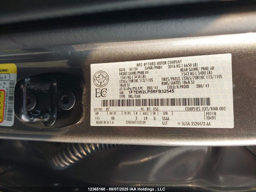 2024 Ford F-150 VIN: 1FTEW2LP5RFB32545 Lot: 12365160