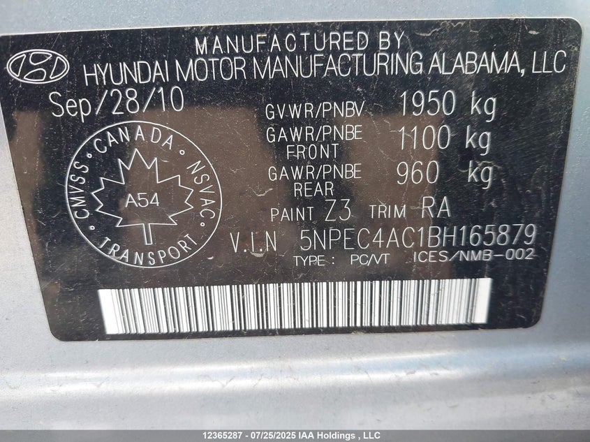 2011 Hyundai Sonata Limited VIN: 5NPEC4AC1BH165879 Lot: 12365287