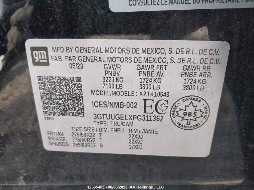 2023 GMC Sierra 1500 VIN: 3GTUUGELXPG311362 Lot: 12365483