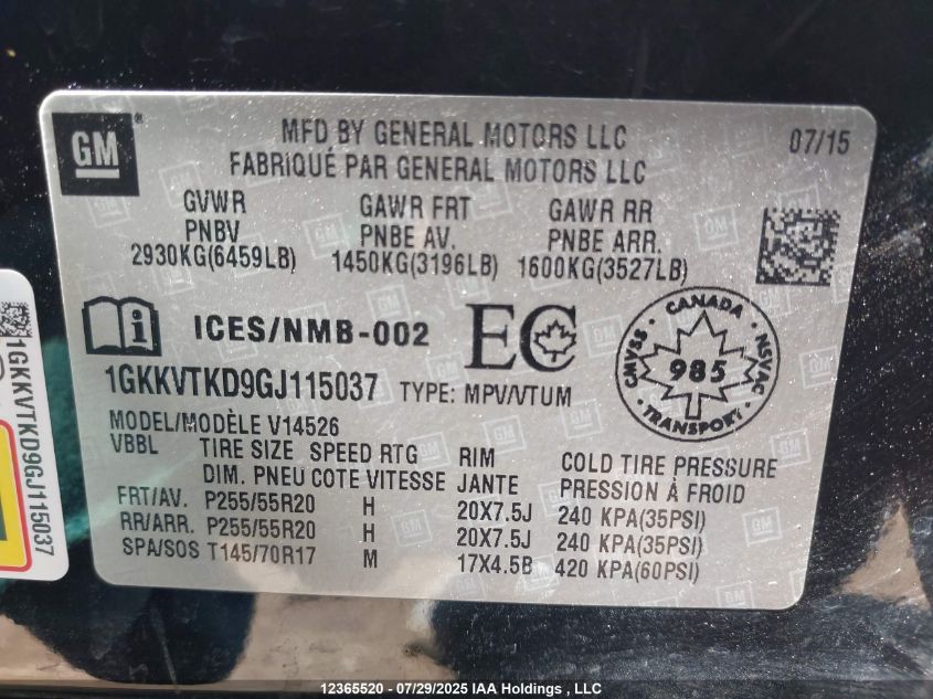2016 GMC Acadia Denali VIN: 1GKKVTKD9GJ115037 Lot: 12365520