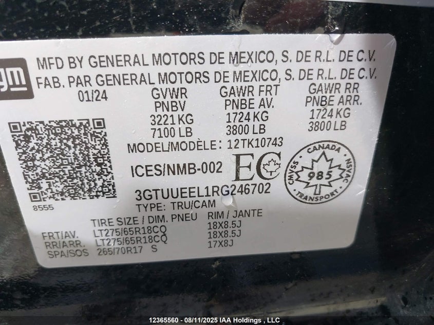 2024 GMC Sierra K1500 At4 VIN: 3GTUUEEL1RG246702 Lot: 12365560