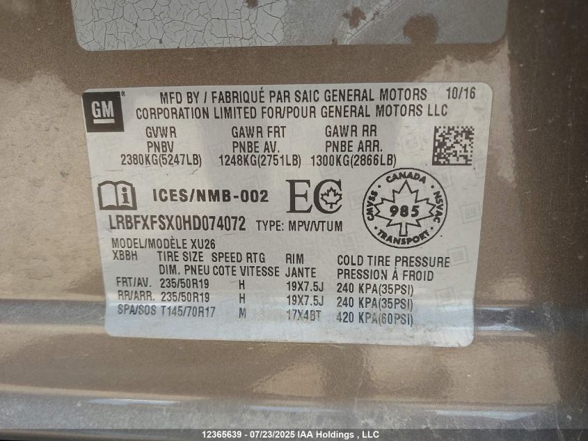 2017 Buick Envision VIN: LRBFXFSX0HD074072 Lot: 12365639