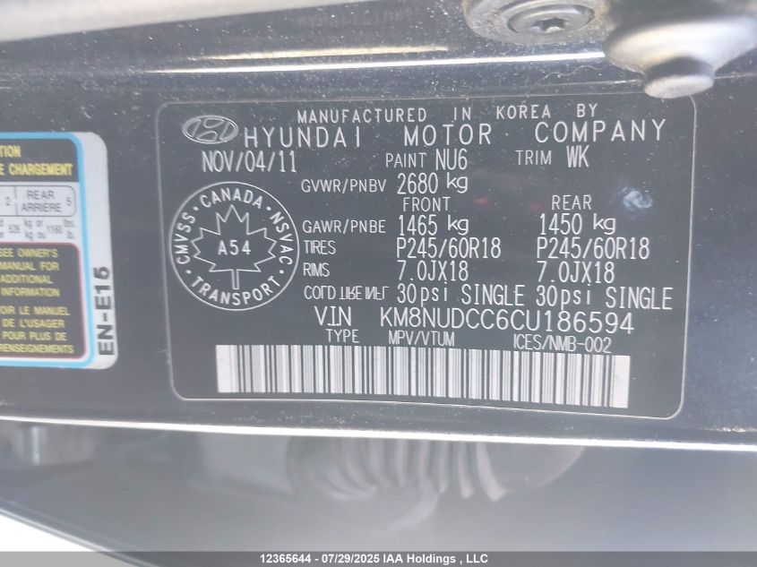 2012 Hyundai Veracruz Gls/Limited VIN: KM8NUDCC6CU186594 Lot: 12365644