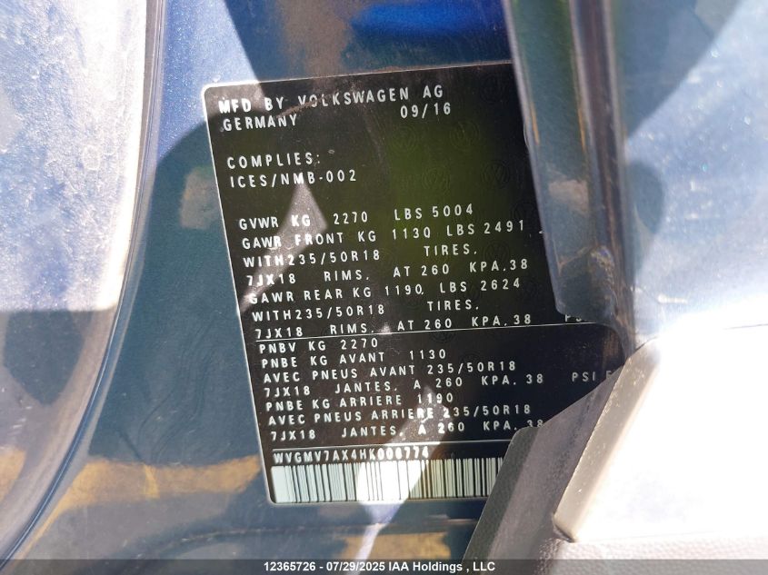 2017 Volkswagen Tiguan Comfortline VIN: WVGMV7AX4HK006774 Lot: 12365726