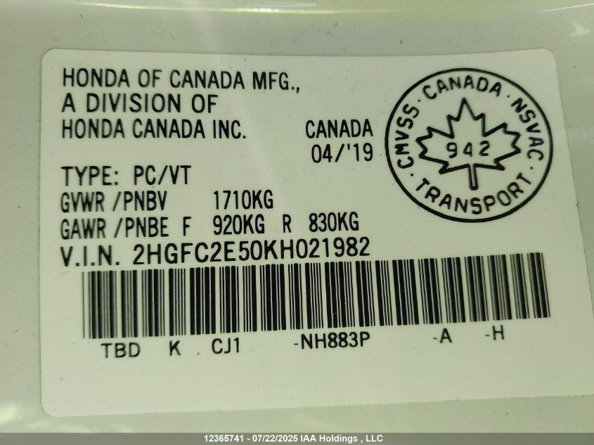 2019 Honda Civic Lx VIN: 2HGFC2E50KH021982 Lot: 12365741