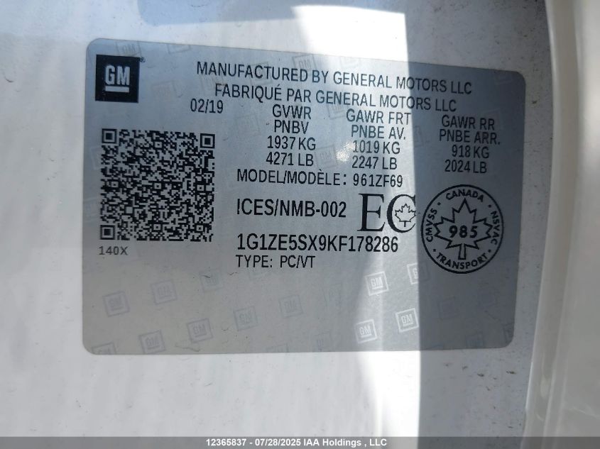 2019 Chevrolet Malibu Premier VIN: 1G1ZE5SX9KF178286 Lot: 12365837