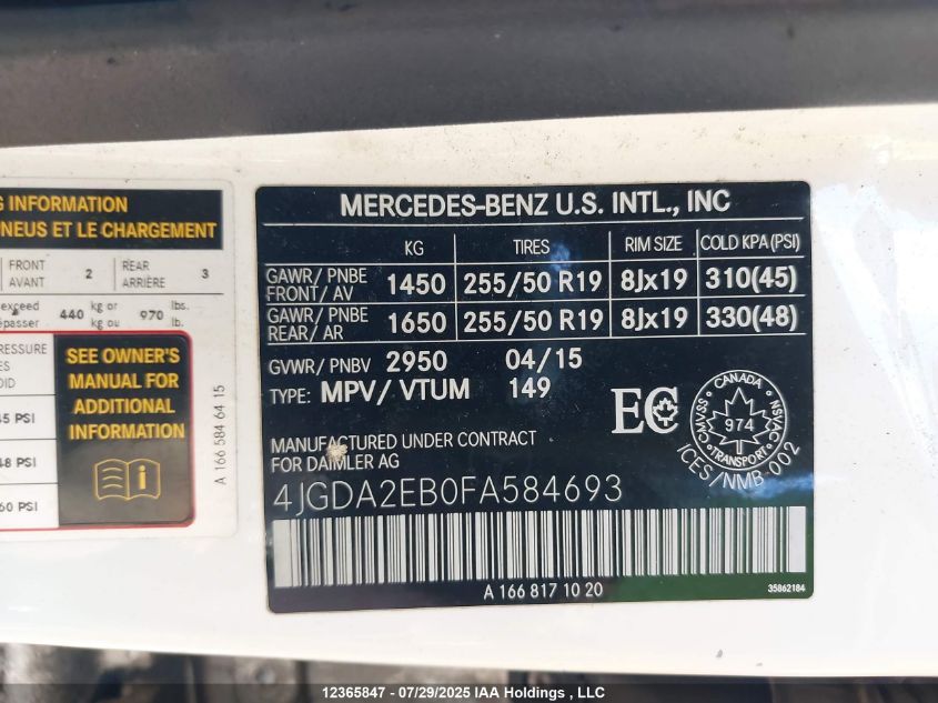 2015 Mercedes-Benz Ml 350 Bluetec VIN: 4JGDA2EB0FA584693 Lot: 12365847