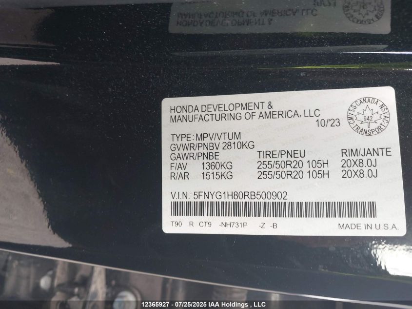 2024 Honda Pilot Black Edition VIN: 5FNYG1H80RB500902 Lot: 12365927