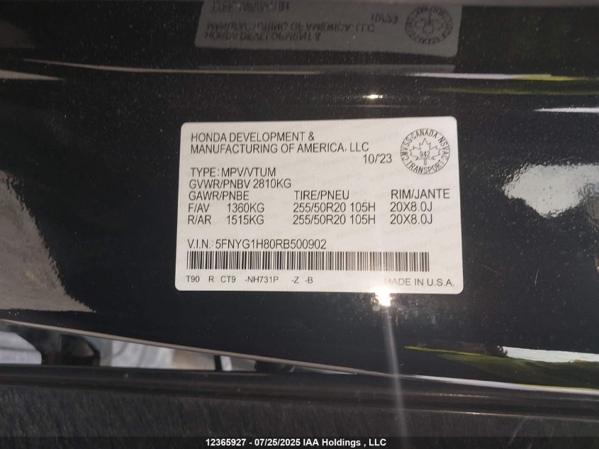 2024 Honda Pilot Black Edition VIN: 5FNYG1H80RB500902 Lot: 12365927