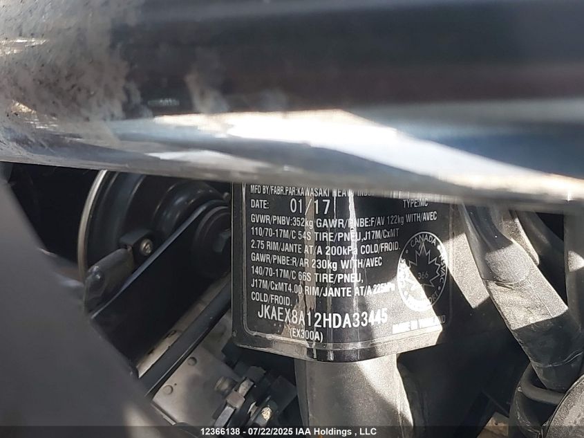 2017 Kawasaki Ex300 A VIN: JKAEX8A12HDA33445 Lot: 12366138