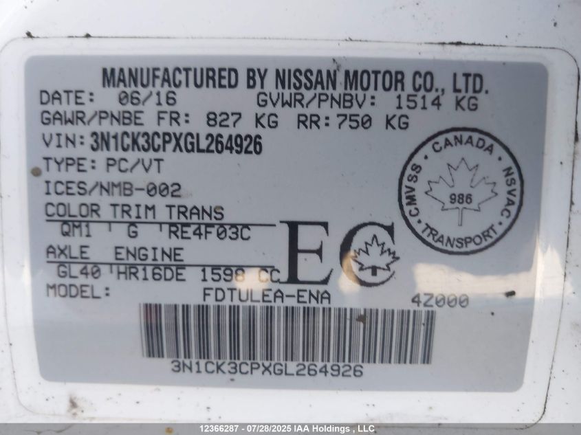 2016 Nissan Micra S/Sr/Sv VIN: 3N1CK3CPXGL264926 Lot: 12366287