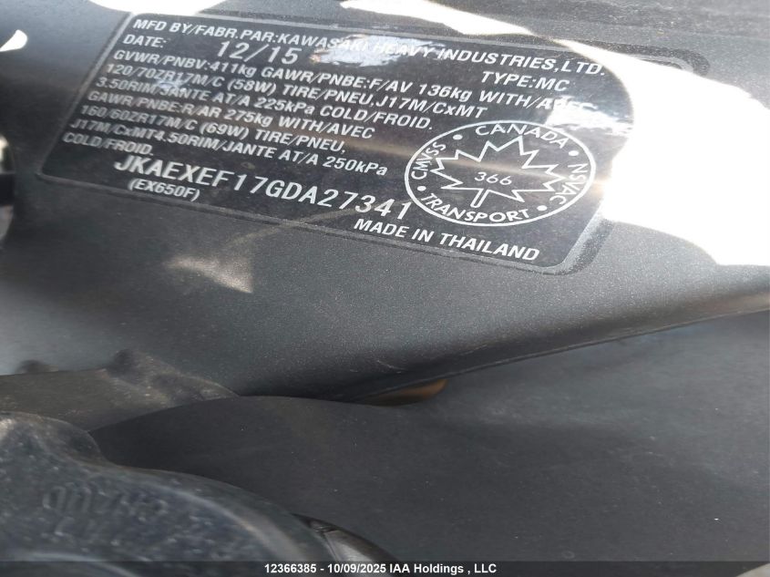 2016 Kawasaki Ex650 F VIN: JKAEXEF17GDA27341 Lot: 12366385