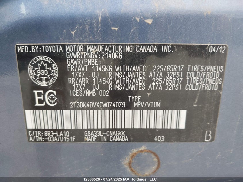2T3DK4DVXCW074079 2012 TOYOTA RAV 4 photo no. 19