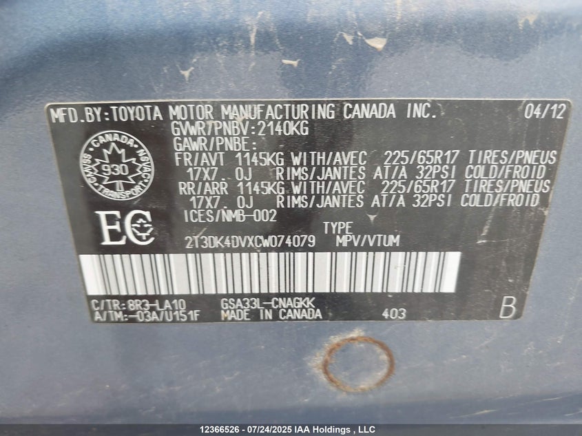 2T3DK4DVXCW074079 2012 TOYOTA RAV 4 photo no. 9