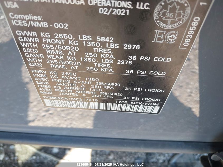 2021 Volkswagen Atlas Cross Sport Sel VIN: 1V2BE2CA1MC217215 Lot: 12366546