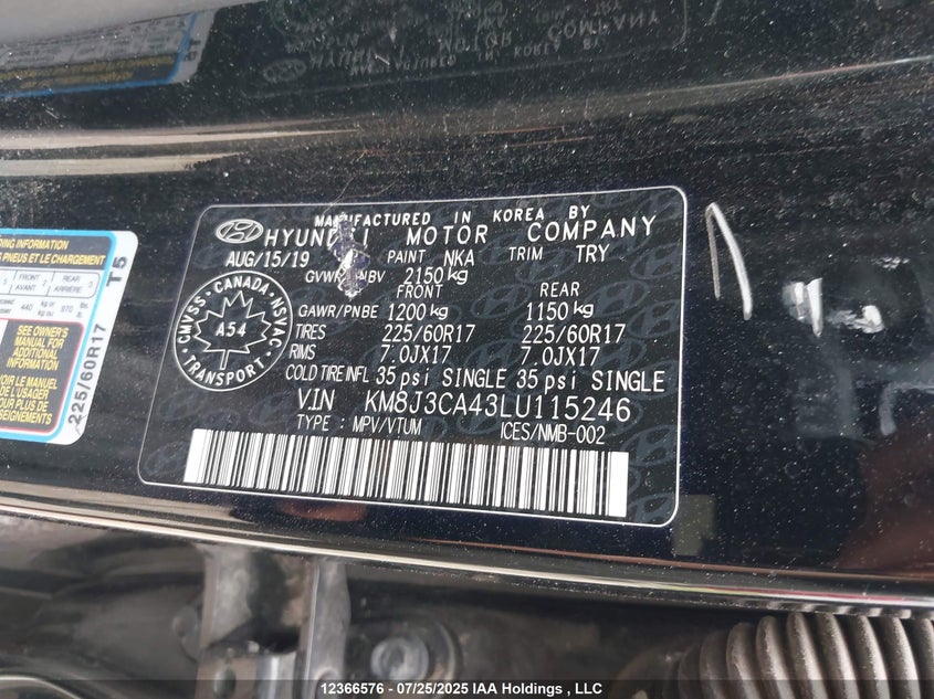 Auction sale of the 2020 HYUNDAI TUCSON , vin: KM8J3CA43LU115246, lot number: 12366576