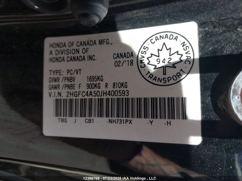 2018 Honda Civic Lx VIN: 2HGFC4A50JH400593 Lot: 12366769