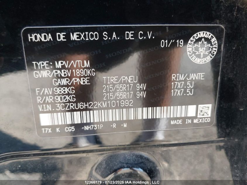 2019 Honda Hr-V VIN: 3CZRU6H22KM101992 Lot: 12366779