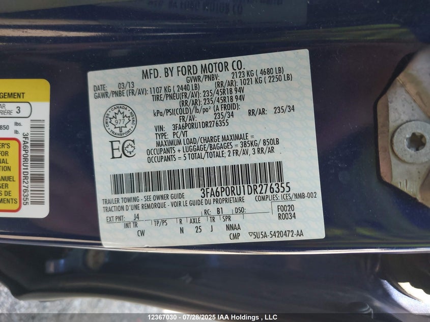 3FA6P0RU1DR276355 2013 FORD FUSION photo no. 19