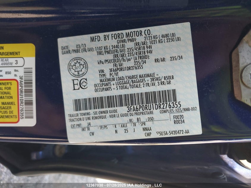 3FA6P0RU1DR276355 2013 FORD FUSION photo no. 20