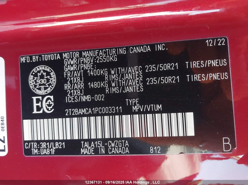 2023 Lexus Rx 350 VIN: 2T2BAMCA1PC003311 Lot: 12367131