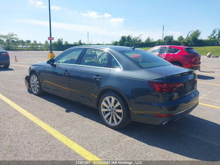 2019 Audi A4 VIN: WAUANAF4XKN019860 Lot: 12367207