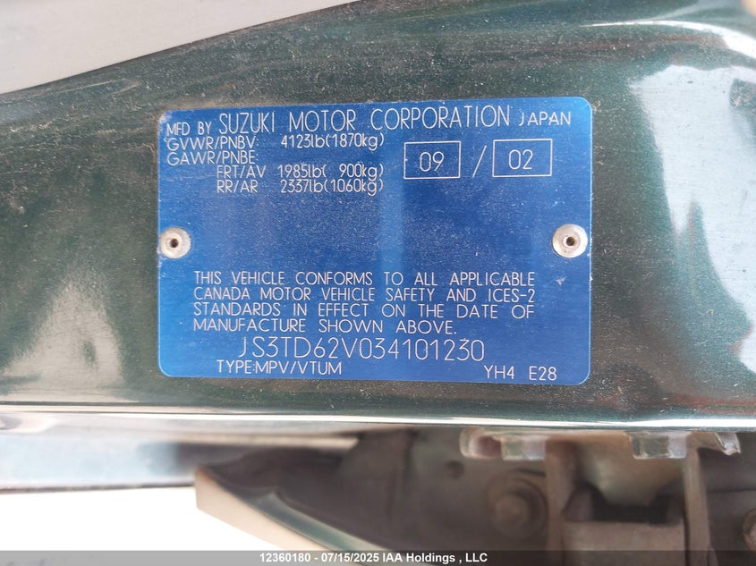 2003 Suzuki Grand Vitara Jlx/Jx VIN: JS3TD62V034101230 Lot: 12360180X