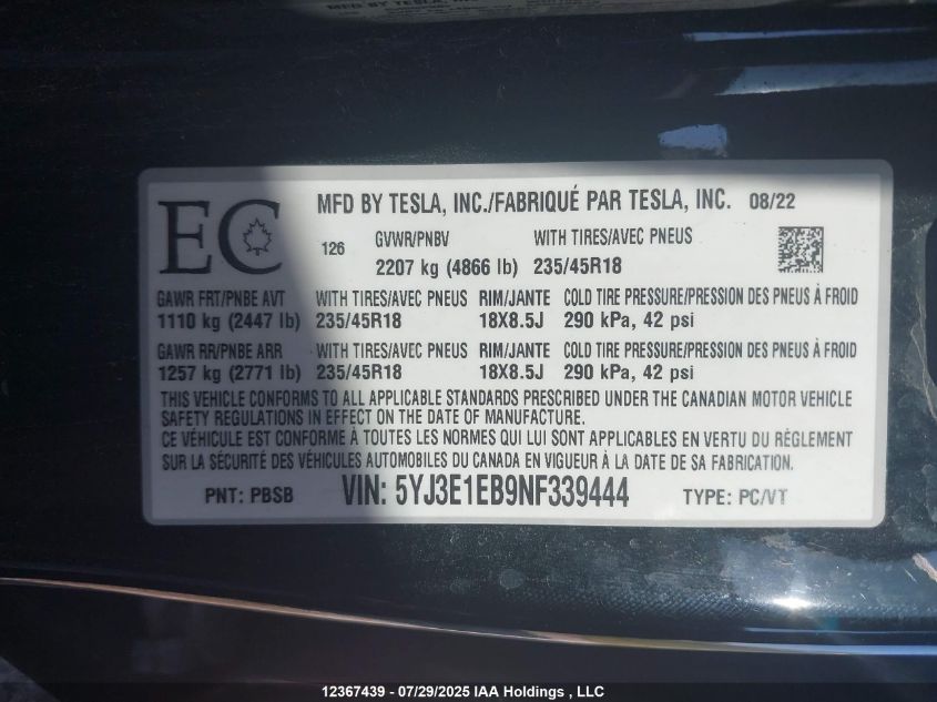 2022 Tesla Model 3 Long Range VIN: 5YJ3E1EB9NF339444 Lot: 12367439