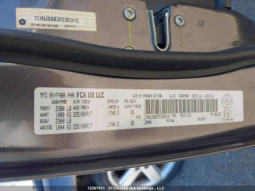 2015 Jeep Compass Sport/North VIN: 1C4NJDAB3FD393410 Lot: 12367831