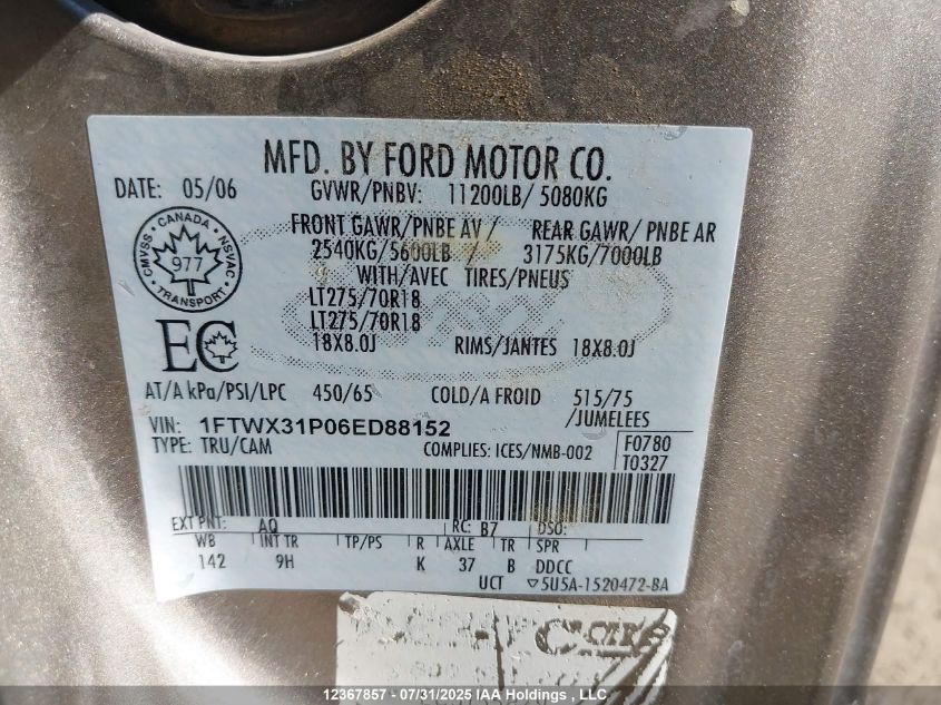 2006 Ford F350 Srw Super Duty VIN: 1FTWX31P06ED88152 Lot: 12367857