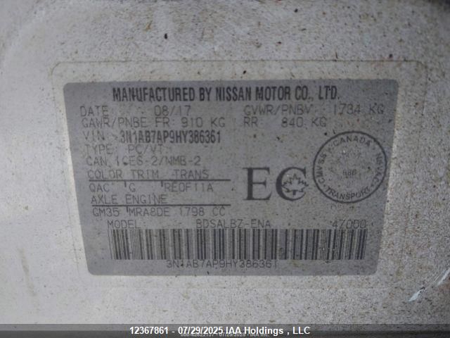 2017 Nissan Sentra S/Sv/Sr/Sl VIN: 3N1AB7AP9HY386361 Lot: 12367861