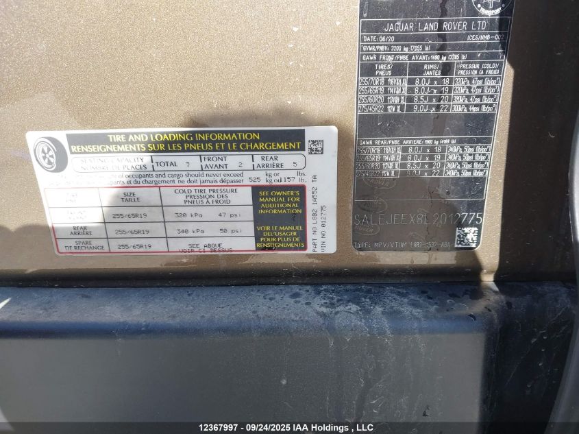 2020 Land Rover Defender 110 S VIN: SALEJEEX8L2012775 Lot: 12367997