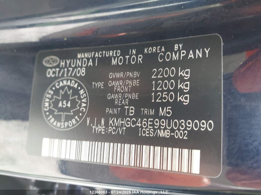 2009 Hyundai Genesis 3.8L VIN: KMHGC46E99U039090 Lot: 12368083