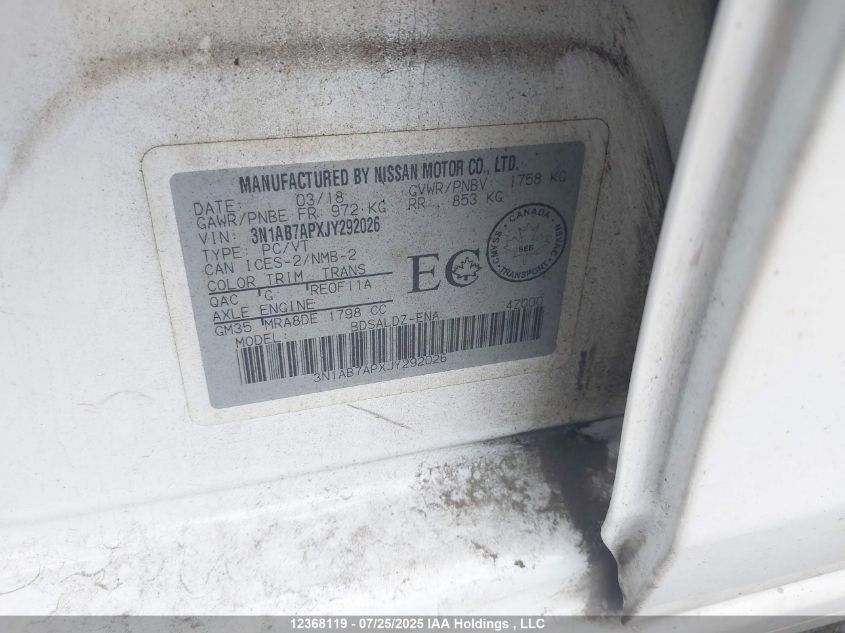 2018 Nissan Sentra VIN: 3N1AB7APXJY292026 Lot: 12368119