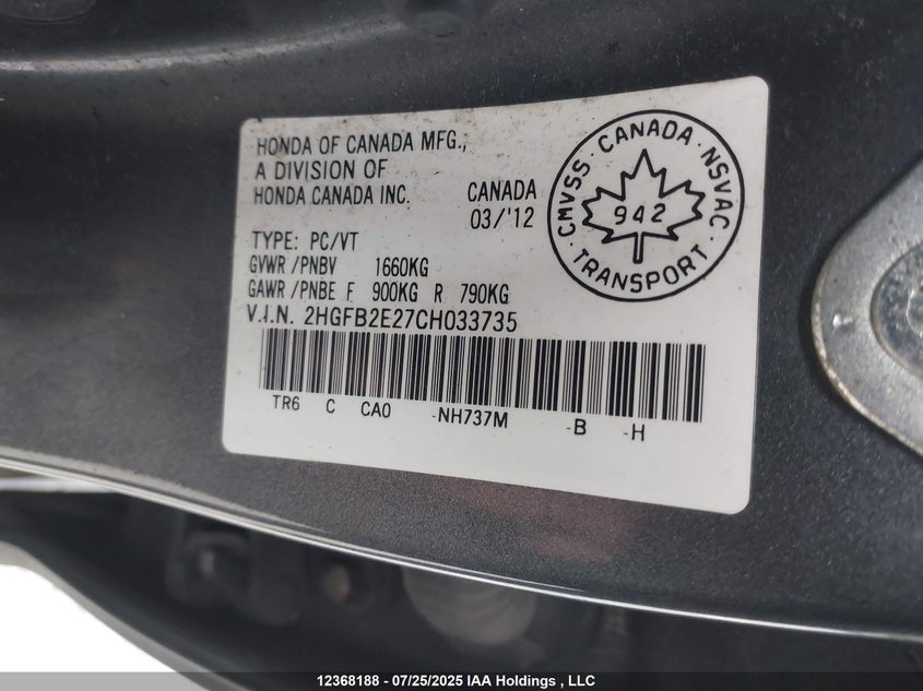2012 HONDA CIVIC SEDAN 1.8L I-4 VVT, 140HP