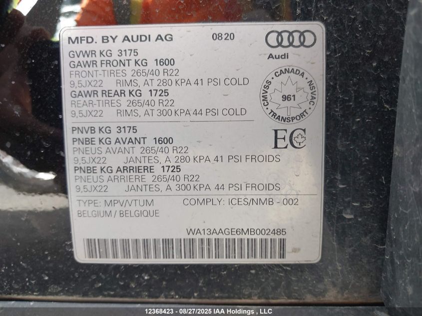 2021 Audi E-Tron 55 Technik VIN: WA13AAGE6MB002485 Lot: 12368423
