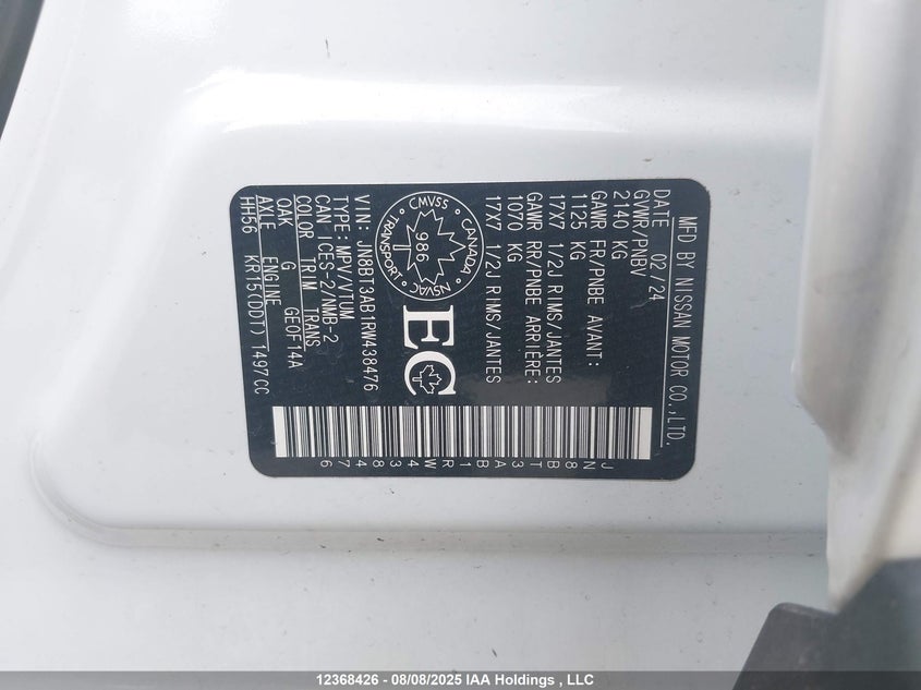 2024 Nissan Rogue S VIN: JN8BT3AB1RW438476 Lot: 12368426