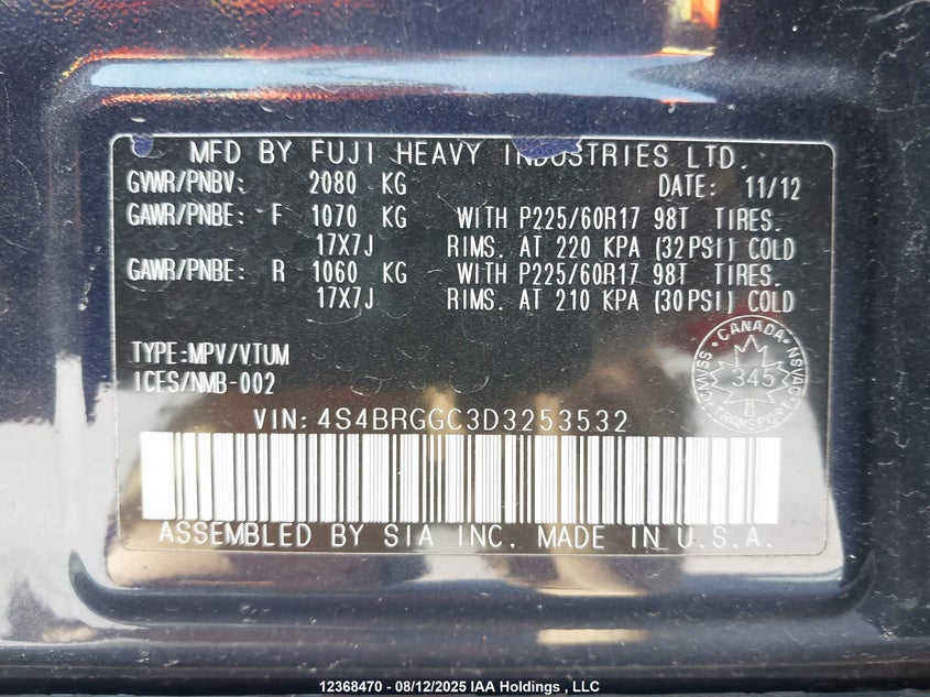 2013 Subaru Legacy Outback VIN: 4S4BRGGC3D3253532 Lot: 12368470