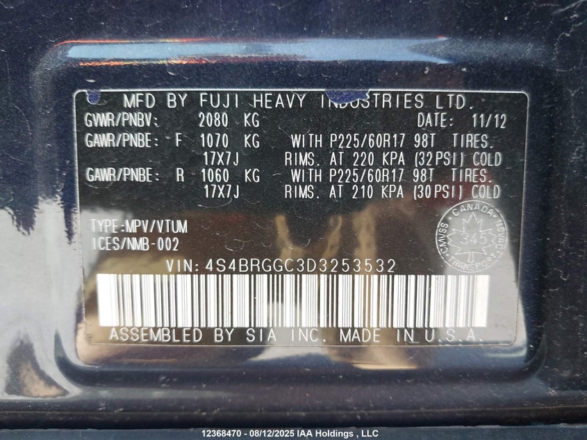 2013 Subaru Legacy Outback VIN: 4S4BRGGC3D3253532 Lot: 12368470