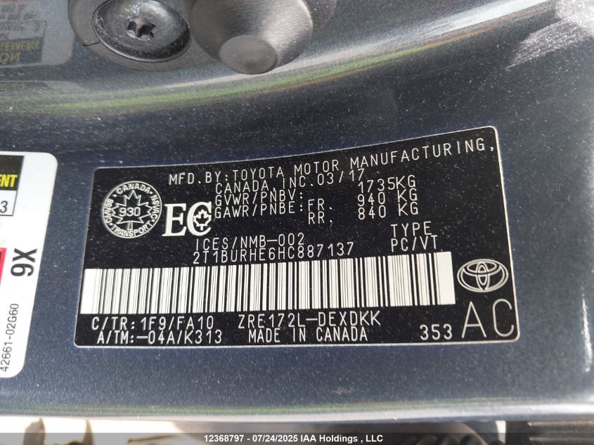 2017 Toyota Corolla VIN: 2T1BURHE6HC887137 Lot: 12368797