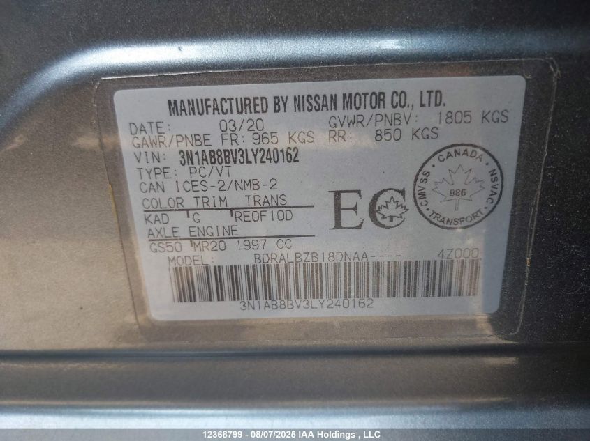 2020 Nissan Sentra VIN: 3N1AB8BV3LY240162 Lot: 12368799