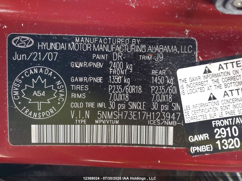 2007 Hyundai Santa Fe Gls VIN: 5NMSH73E17H123947 Lot: 12369024
