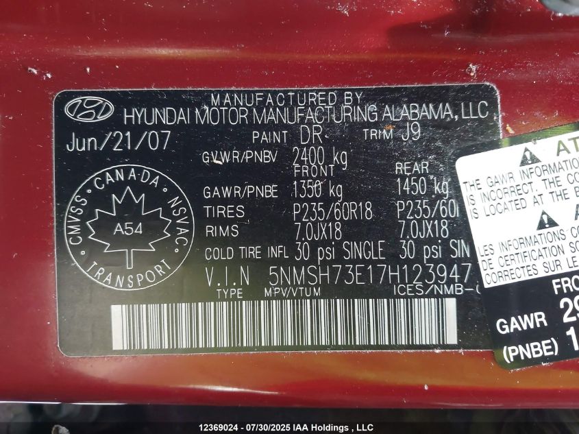 2007 Hyundai Santa Fe Gls VIN: 5NMSH73E17H123947 Lot: 12369024